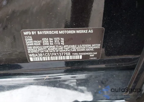 2015 BMW 320 I z USA, uszkodzony, nr VIN WBA3B1C51FK137768